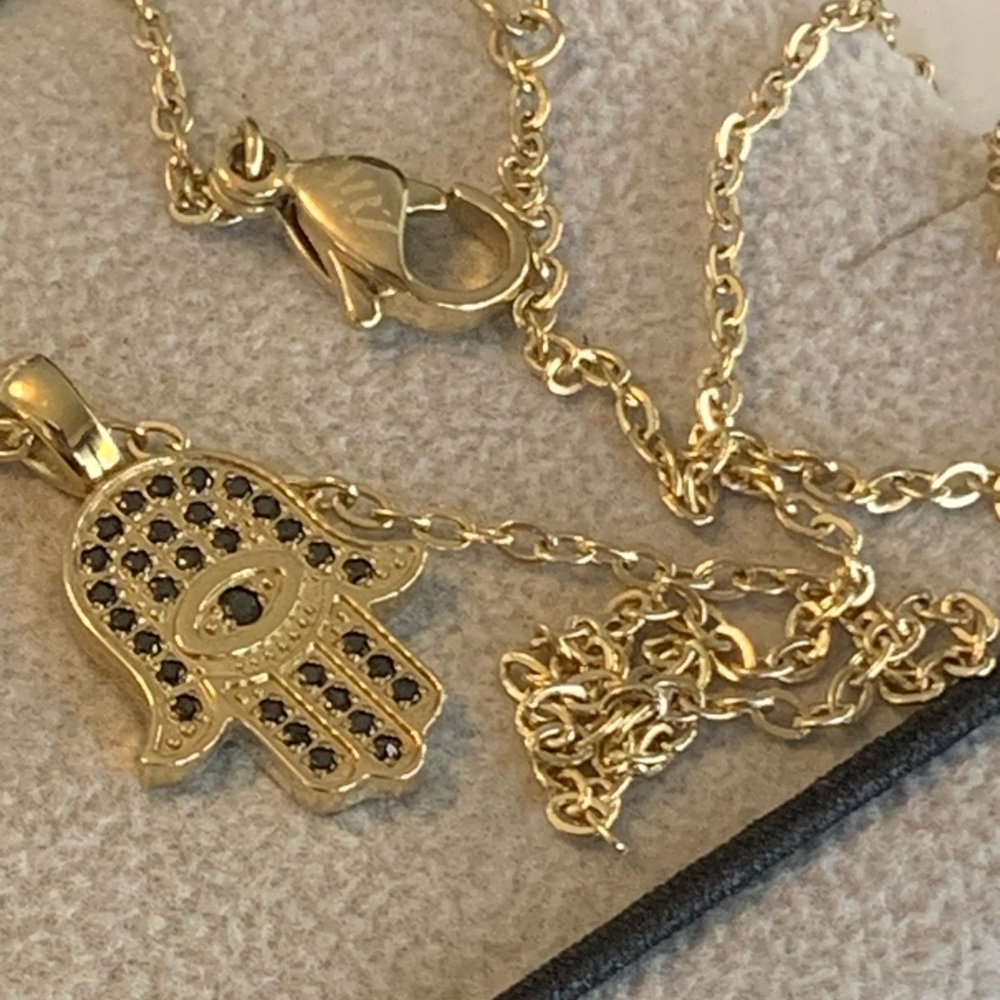 Hamsa Pendant Gold Stainless Steel and Black Cubic Zirconia Necklace 17”+1”